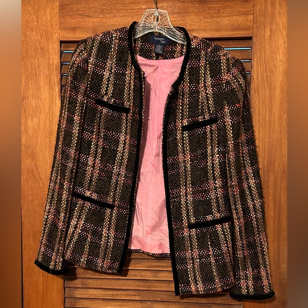 FUNDAMENTAL THINGS Vintage Fall Plaid Blazer w Velvet Trim Size 6